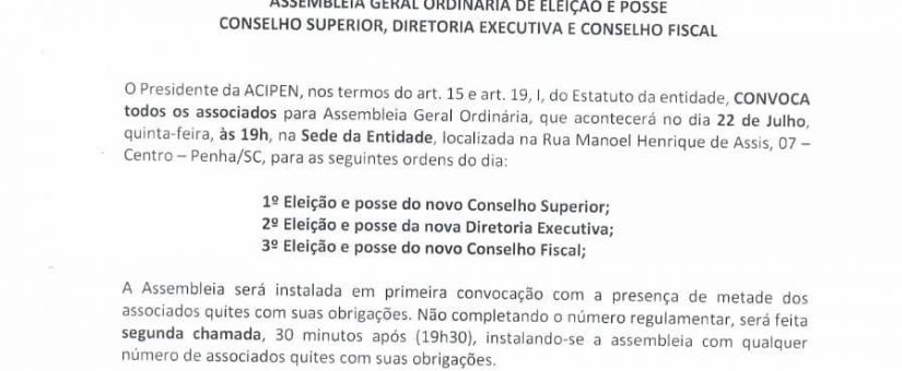 Convocação Assembléia Geral Ordinária-Eleição Diretoria da ACIPEN. Biênio 2021/2023